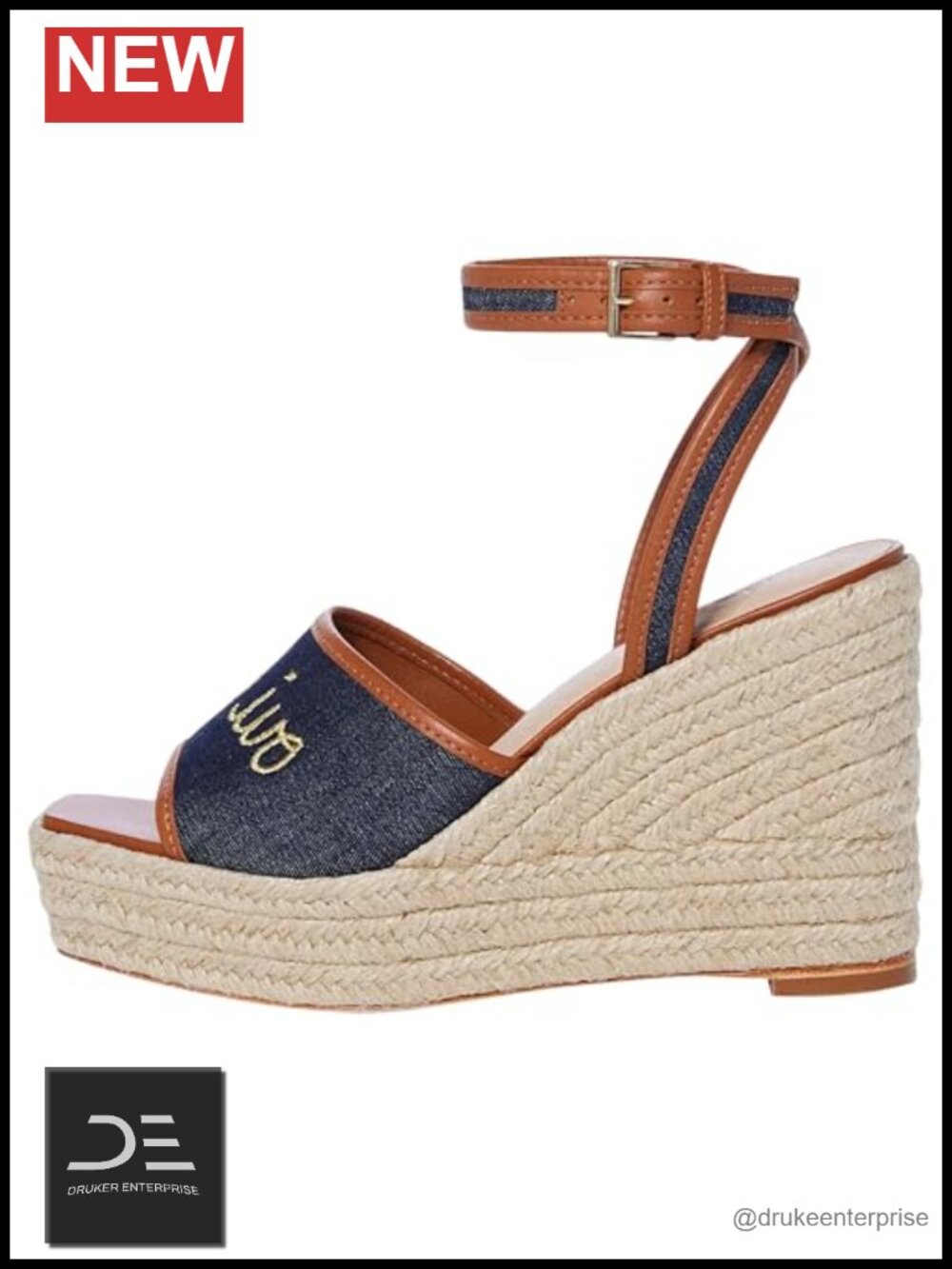 Embroidered Denim Espadrille Wedge Sandals Leather Insole Ankle Strap